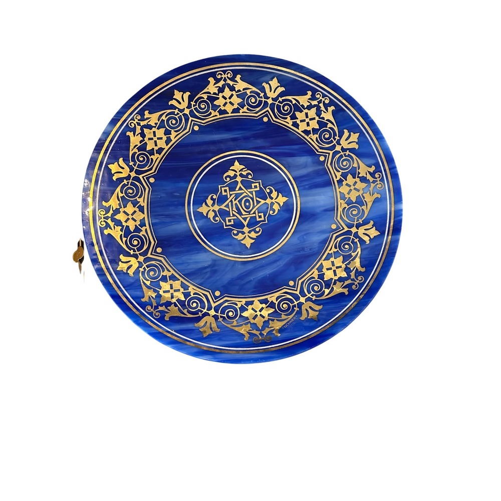 Uchner 513 Blue Slag Glass Decorative‎ Plate Gold Filigree Monogram Round 11.5in